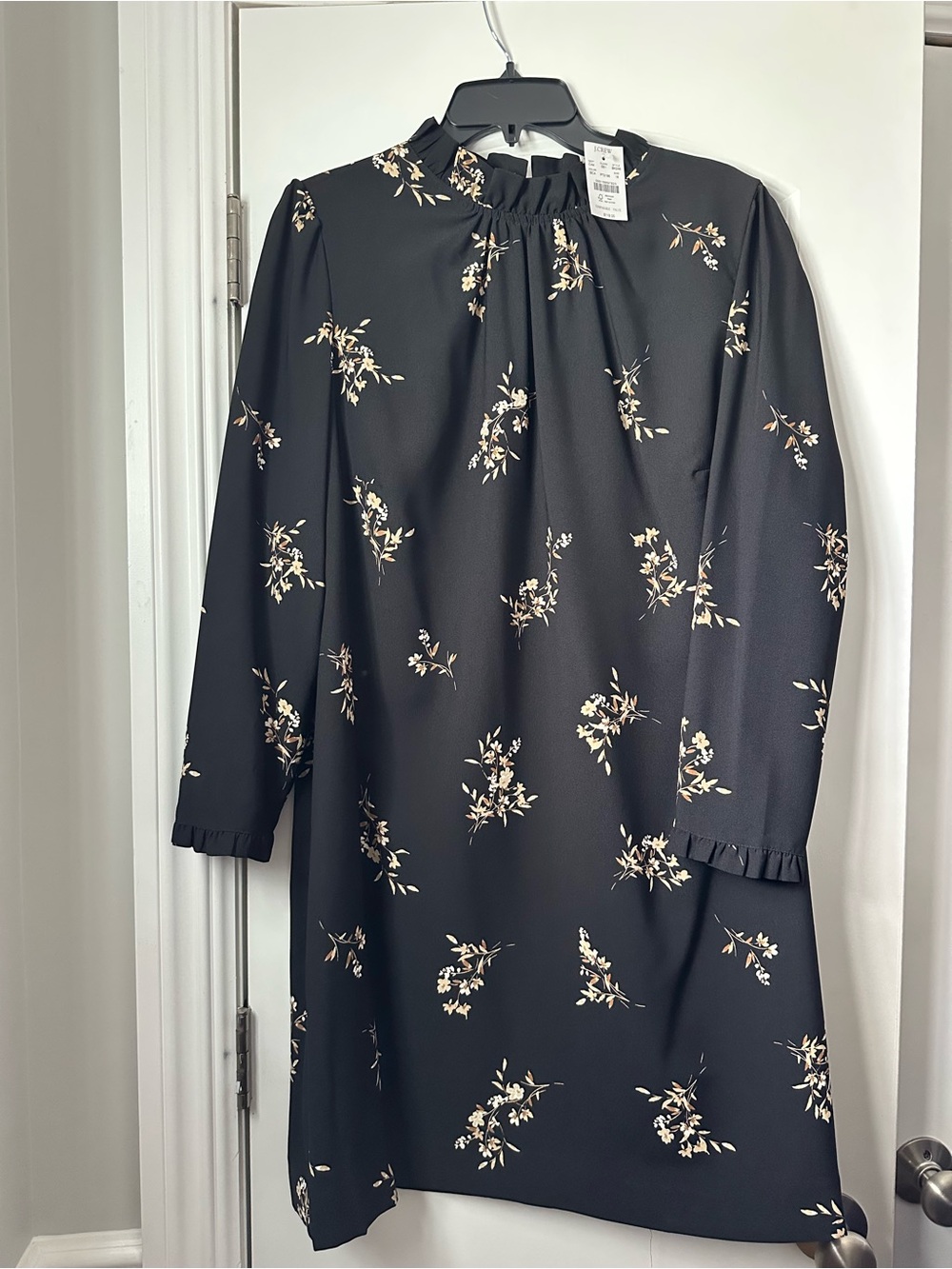 JCrew Black Floral Long-Sleeve Shift Dress